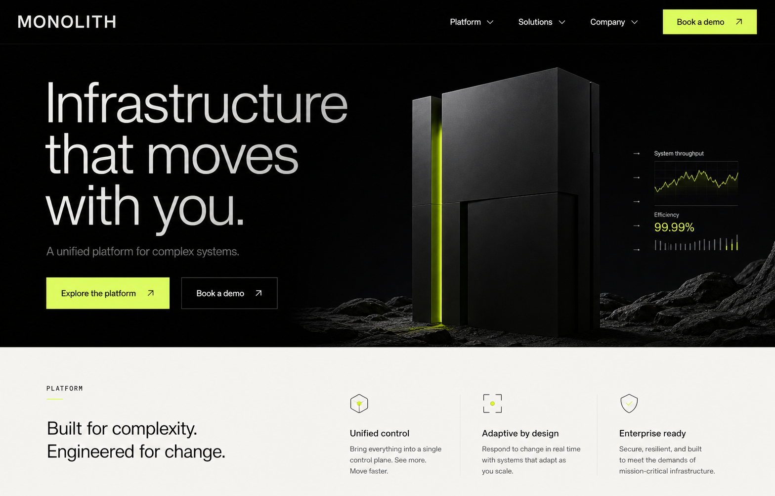 Monolith Systems homepage featuring the headline Infrastructure that moves with you